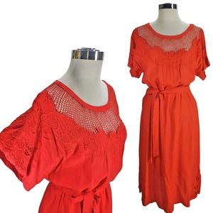 Vintage 1960s Orange eyelet detail belted Satyuga Dress Hawaii, S